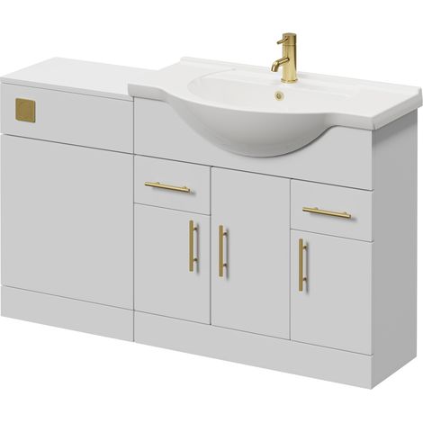 Alexander James Gloss White 1350mm 3 Door Vanity Unit Toilet Suite - 1350mm - Brushed Brass 96mm Knurled Bar HandleWithout James Toilet Pan