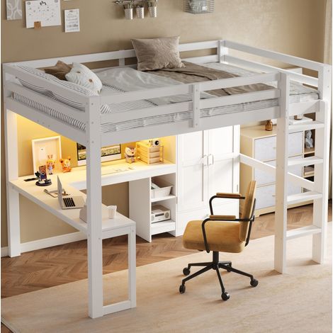 Cama alta 140/200 cm blanca con escritorio, armario, estantes, USB e iluminación LED (1/5)