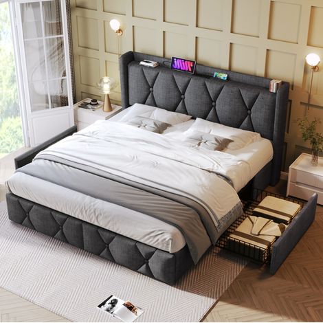 Lit double capitonné moderne en lin gris 160x200 cm avec tête de lit, USB/prises, 4 tiroirs et sommier à lattes