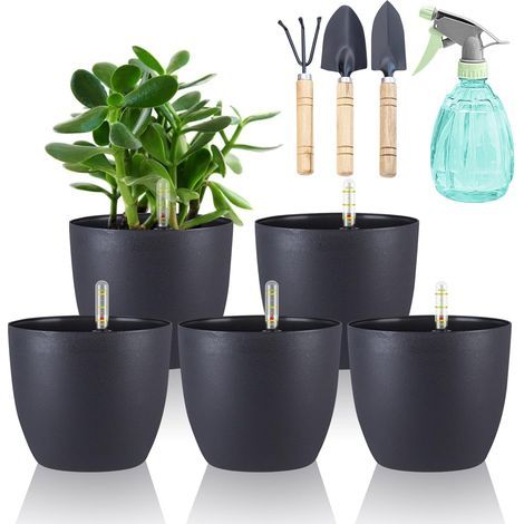 Lot de 5 Pots de Fleurs à Arrosage Automatique avec Indicateur d'eau, Noir, 15 cm, Pot de Fleurs Plantes d’Extérieur et d'Interieur, Pot de Plant en Plastique (1/5)