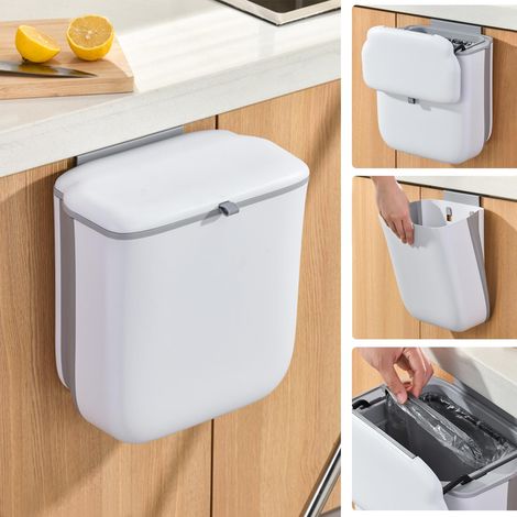 Poubelle Suspendue avec Couvercle, 9 L Poubelle de Cuisine Pliable Anti Odeur, Poubelle Compost Murale pour Salle de Bain, Camping, Bureau (1/5)