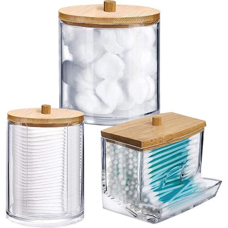3er-Pack Baumwollspender, Baumwollhalter, Acryl-Wattestäbchenbox, Organizer, Baumwollaufbewahrung mit Bambusdeckeln (1/5)