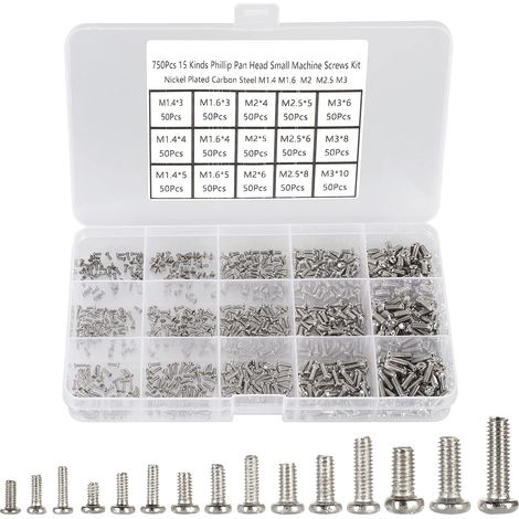750 Pièces Petites Vis Cruciformes à Tête Ronde,Mini Vis à Métaux M1,4 M1,6 M2 M2,5 M3 en Acier Carbone Micro Vis de Réparation électronique, pour Téléphones Lunettes Montre. (1/5)