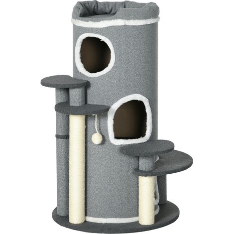 Arbre à chat tonneau gris 99 cm avec couchage, plateformes et balle ludique, mobilier d'intérieur confortable pour chats (1/5)