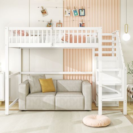 Lit superposé 90x200 avec escalier, lit enfant en bois blanc avec étagères de rangement, armoire simple intégrée (1/5)