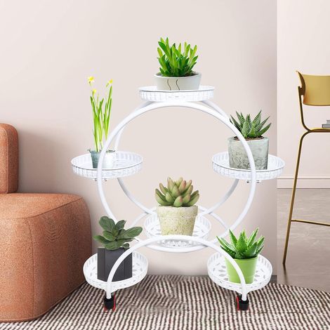 Étagère à plantes 4 couches, étagère de pot de fleurs en métal avec roues, support rond de conteneur de jardin lourd, affichage d'étagère de pot de fleurs d'angle de jardin de patio (blanc, 4 couches) (1/5)