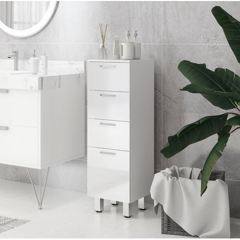 Meuble de salle de bain en bois blanc 30 cm, colonne de rangement avec 4 tiroirs, façade brillante (1/5)