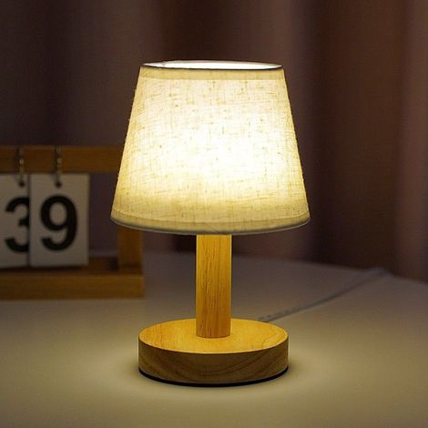 Veilleuse de chevet en bois à led avec abat-jour en lin pour chambre à coucher, salon (1/4)