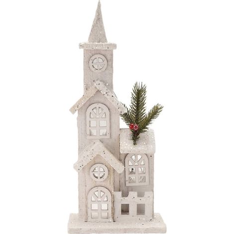Village de Noël en bois, église illuminée par des LED, maison, scène enneigée, décorations de Noël pour bureau (1/5)