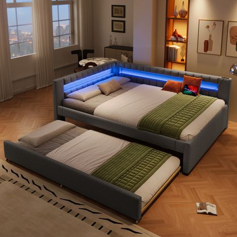 Cama nido 140x200 cm de tela gris, ahorro de espacio para dormitorio, sin colchón FloraGrace (1/5)