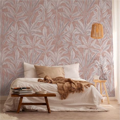 Photo wallpaper Profhome 393161 hot embossed non-woven wallpaper smooth with palm trees matt pink grey white 1.59 m x 2.8 m (1/4)