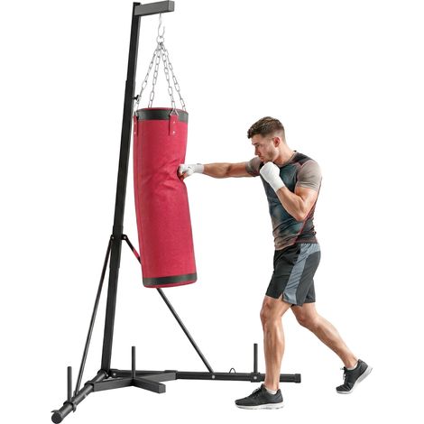Support de sac de frappe réglable avec base triangulaire et sac de frappe, en acier et toile, 175 x 91 x 185-231 cm, rouge (1/5)