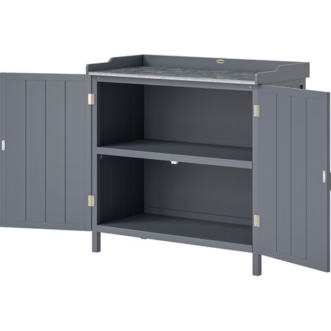 Armoire de jardin en bois avec plateau en métal et 2 étagères à outils, 98 x 48 x 95,5 cm, grise
