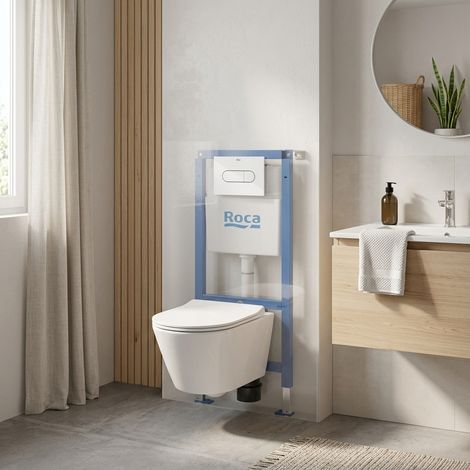 WC-Set Vorwandelement + Swiss Aqua Technologies spülrandloses Wand-WC mit SoftClose-Sitz + Betätigungsplatte (ROSTINWR01-IN)