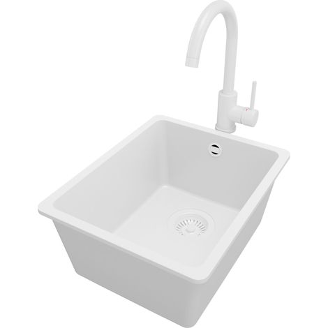 PRIMAGRAN Evier Cuisine en Granit 36x44cm, Lavabo 1 bac + Robinet 32x20cm + Kit de Vidage, Évier à Encastrer au meuble 40cm - Venise Slim Easy, Tout Blanc