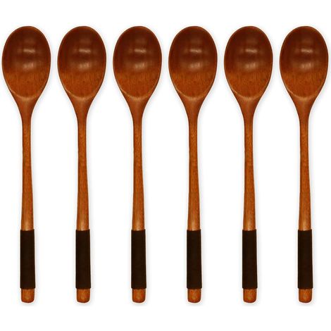 Lot de 6 cuillères japonaises en bois - 23 cm avec long manche - Ustensiles de cuisine multifonctionnels - Adaptées pour la soupe, le dessert, le miel, le thé et les plats orientaux (1/5)