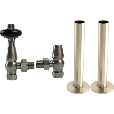Traditional Thermostatic TRV Angled Radiator Valves Pipes Collars Satin Nickel