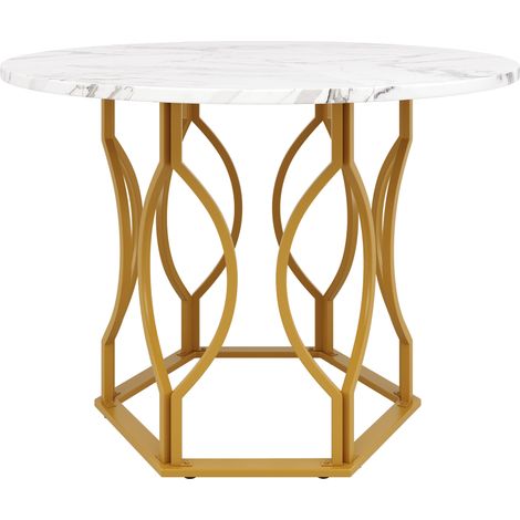Table à manger ronde 100x100x76 cm avec plateau MDF marbré et pieds métalliques dorés (1/5)