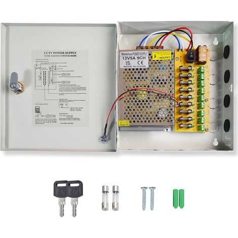 Alimentation 12V 5A 9 Canaux, 60W Boîtier d'alimentation CCTV, Alimentation Stabilisée pour Caméra de Surveillance/Boîte Lumineuse/Équipements Industriels, Boîtier Métallique Verrouillé (1/5)