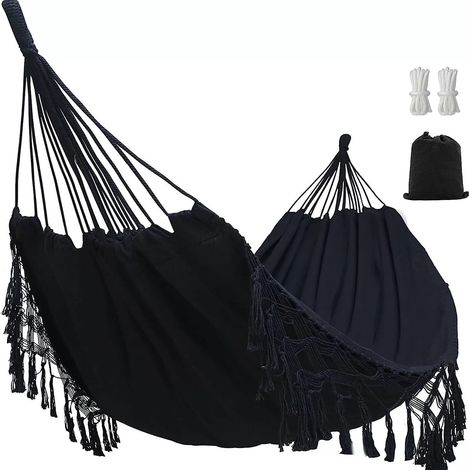 Hamac d'extérieur noir 200 x 150 cm, double coton, style brésilien, idéal pour 2 adultes, parfait pour la terrasse, le porche, les voyages et le camping. (1/5)