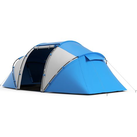 Tente de camping 4 personnes avec 2 espaces de couchage et sac de transport, 430 × 240 × 170 cm, blanche et bleue