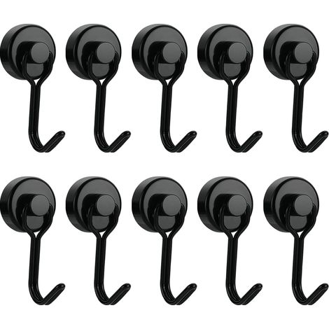 10 ganchos magnéticos, ganchos giratorios de neodimio negros ultrarresistentes (carga máxima 15 kg), color negro.