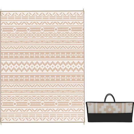 Tapis d'extérieur réversible 3,7 x 2,7 m, tapis de sol motif mur géométrique en PP sac de transport kaki et beige clair (1/5)