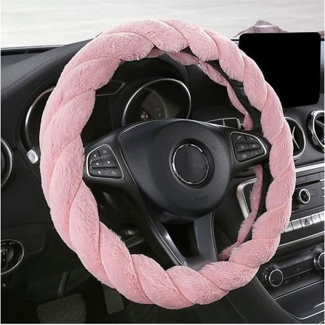 Housse de volant de voiture en fourrure 15 pouces douce respirante chaude antidérapante pour véhicule rose (1/5)