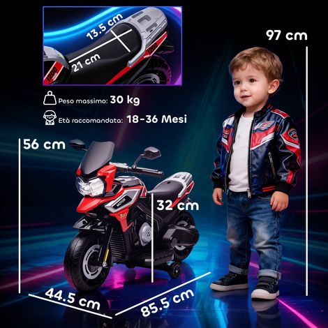 Moto électrique pour enfants (avec roues, rétroviseurs et repose-pieds), en polypropylène et métal, 85,5 x 44,5 x 56 cm, rouge (1/5)