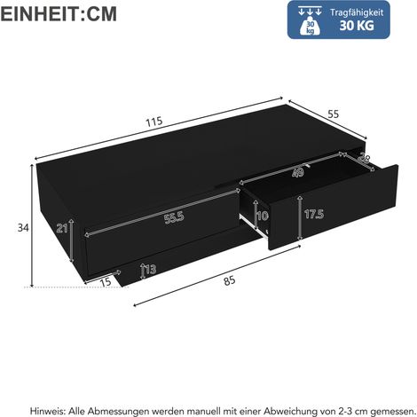 Moderner schwarzer Hochglanz-Couchtisch, 115 x 55 x 34 cm, mit 2 Schubladen, LED-Beleuchtung und 30 kg Belastbarkeit - Eleganter Wohnzimmer-Couchtisch (1/5)