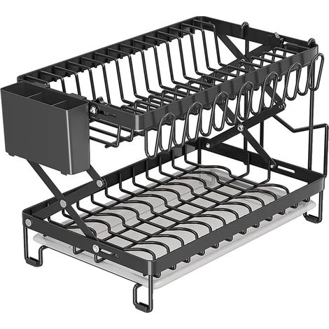 Escurridor de platos, diseño de dos niveles, plegable y ajustable, negro, 2 niveles (1/2)