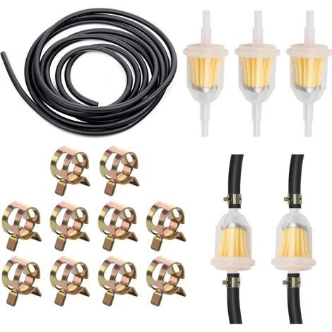 Tuyau de Carburant Kit,Tuyau D'essence Kit, 5mm Durite Essence, Conduite de Carburant 2 Mètre,avec 3 Filtres à Carburant+10 Colliers Serrage, pour Tracteur Petits Moteurs,Moto,Voiture,Tondeuse à Gazon (1/5)