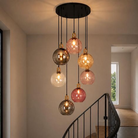 ZMH Suspension Luminaire 7 Boules en Verre Coloré, Lampe Suspendue 190 cm Réglable pour Cage d'Escalier, Salon et Salle à Manger (1/5)