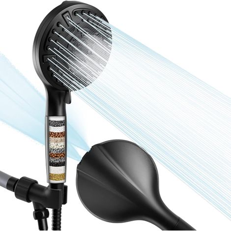Pomme de douche filtrée avec main, Pommeau Douche Filtrant Anti Calcaire avec 10 Modes de Pulvérisation /Tuyau de Flexible, Pommeau de Douche Haute Pression pour Basse Pression d'eau (1/4)