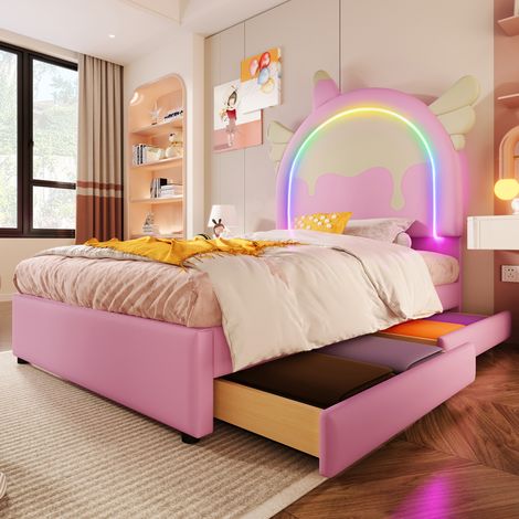 Bett Einhorn Rosa 90x200 cm aus PU mit Kopfteil, Lichtleiste und 2 Schubladen (1/5)