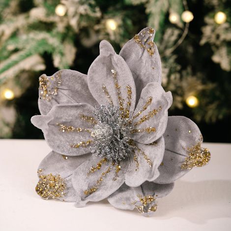 Vintage-style gold-powder flocked Christmas flowers, simulated poinsettia artificial flowers, Christmas tree decorations, accessories, window floral arrangements.
