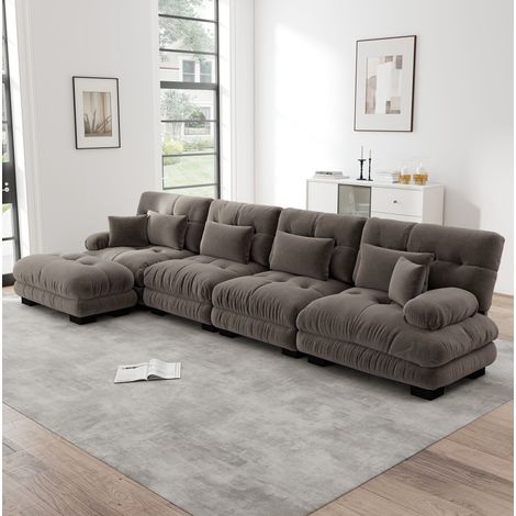 Divano angolare modulare in chenille marrone con ottoman mobili, configurazione a L, U o lineare (1/5)