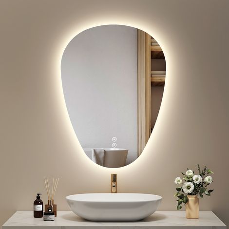 EMKE LED Badspiegel 60x80cm Unregelmäßig Wandspiegel 3 Lichtfarben Dimmbar Anti Fog Touch Schalter Auto Off Funktion