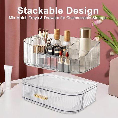 Organisateur de maquillage pour coiffeuse, rotatif à 360° et compartiment 2 en 1, avec tiroir, pour ranger les cosmétiques, les produits de soins de la peau, les pinceaux (blanc transparent) (1/5)