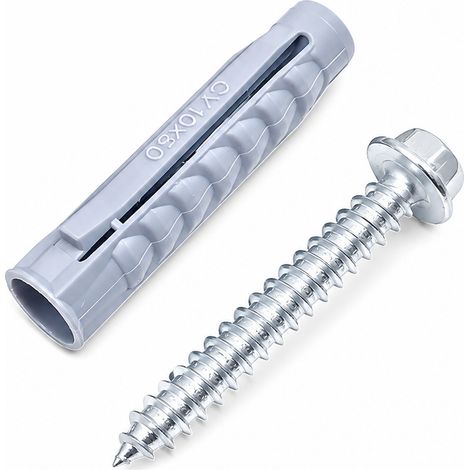 Kit de 50 chevilles d'expansion en plastique (10 x 50 mm) et vis (6 x 50 mm) pour fixation sur béton – Idéal pour cadres photo, placards, luminaires et téléviseurs. (1/4)