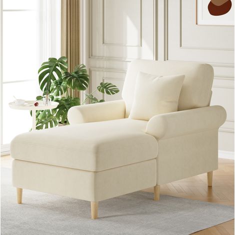 Fauteuil relax inclinable en velours beige, 1 place, 133 x 90 x 87 cm, avec coussin (1/5)