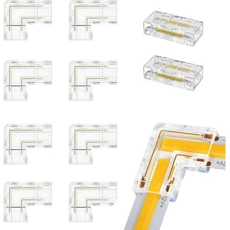 10 Pièces Connecteurs pour Ruban, 8mm 2 Pin Led COB Bande Connecteur D'angle 8 PCS Connecteurs Type L/Angle 2 PCS Transparent Connecteurs Intermédiaires Sans Espace pour les Lumières LED Srtip (1/4)