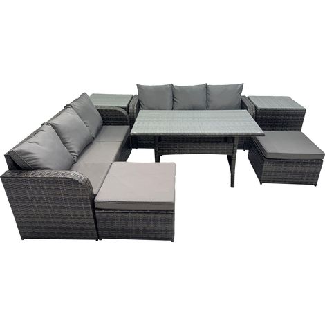 Fimous 8 Seat Outdoor Wicker PE Rattan Garden Furniture Set Dining Table Sofa Set with 2 Big Stools 2 Side Tables Dark Grey Mixed (1/5)
