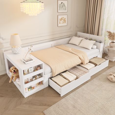 Cama individual 90x200 cm con somier de láminas y cajones - sofá cama de madera con almacenamiento y zona para mascotas - blanco (1/5)