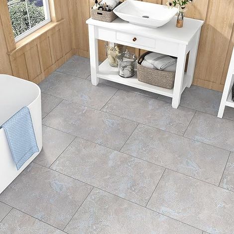 15 x PVC Grey Floor Covering Adhesive Floor Tiles Washable Parquet Lino Vintage for Living Room Kitchen Tile Adhesive Grey Bathroom Tiles 60 x 30 cm (1/5)