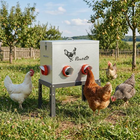 Mangeoire pour poules, capacité 18 kg, couvercle verrouillable, pieds réglables, 6 ouvertures, 42 x 25 x 55,5 cm, argent