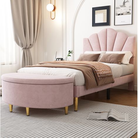 MEUBLIV Lit rembourré en velours rose 90 x 200 cm avec tête de lit coquillage réglable pieds en fer doré sommier à lattes en bois et banc de rangement (1/4)