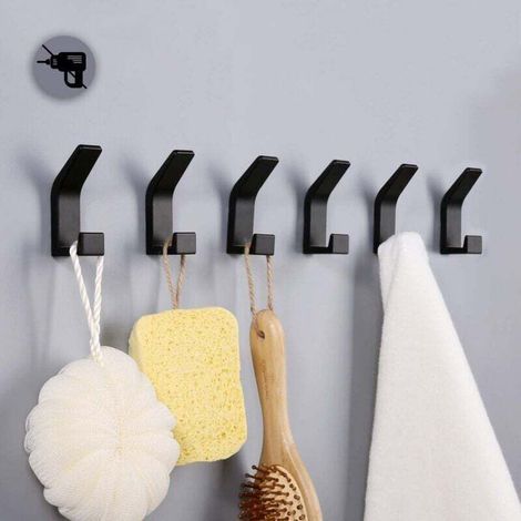 Crochets Muraux Auto-Adhésifs 6 Pièces – Aluminium Noir, Double Porte-Serviettes pour Salle de Bain, Cuisine et Bureau (1/5)