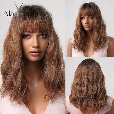 Perruque synthétique ALAN EATON Ombré Brun Clair Blond Cendré Mi-long Ondulée pour Femmes Noires Fibre Résistante à la Chaleur Faux Cheveux Usage Quotidien