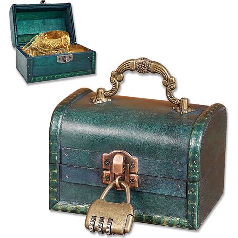 Coffre Trésor Bois Vintage - 1 pièce, Coffre Trésor Bois Vintage 11,5×8×8cm Serrure Combinaison - Émeraude, Mini Rangement (1/5)